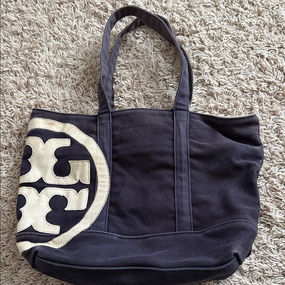 Tory Burch Navy and Cream Tote Bag Beach Bag Canvas - Picture 3 of 5